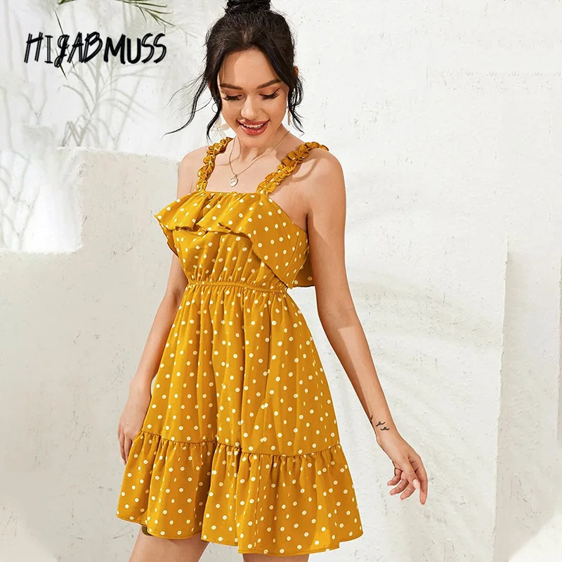 

Women Dresses 2021 New Pleated Ruffled High-waist Elastic Suspender Skirt Holiday Polka Dot Casual Women's Sexy Dress