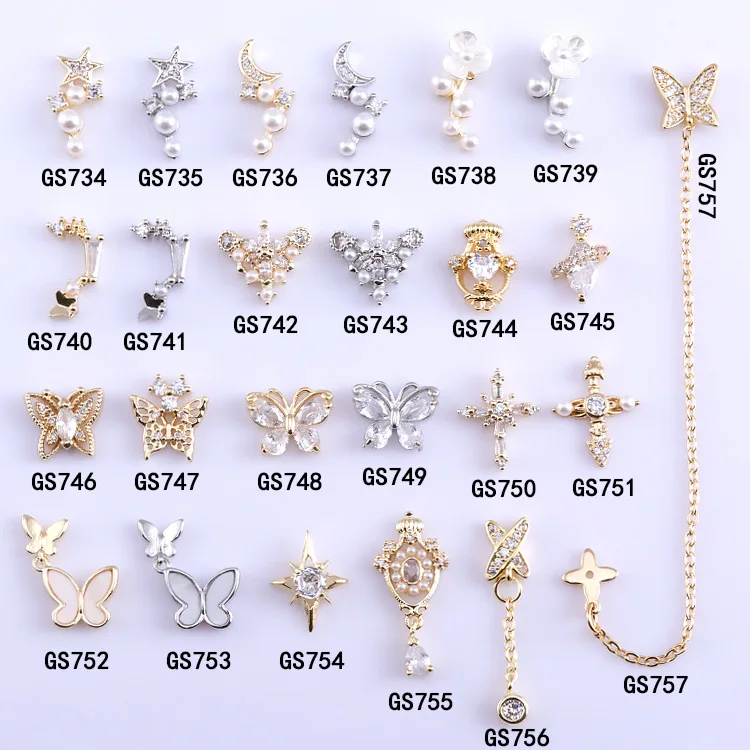 

10pcs Nail Art Zircon Decorations Nail Jewelry Metal Pearl Sticker Diamond Star Moon Shell Flower Chain Butterfly