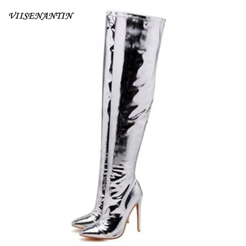 

VIISENANTIN 2020 Stiletto Pointed Toe Catwalk Boots Super High-heel Pole Dance Silver Patent Leather Over The Knee Boots Woman