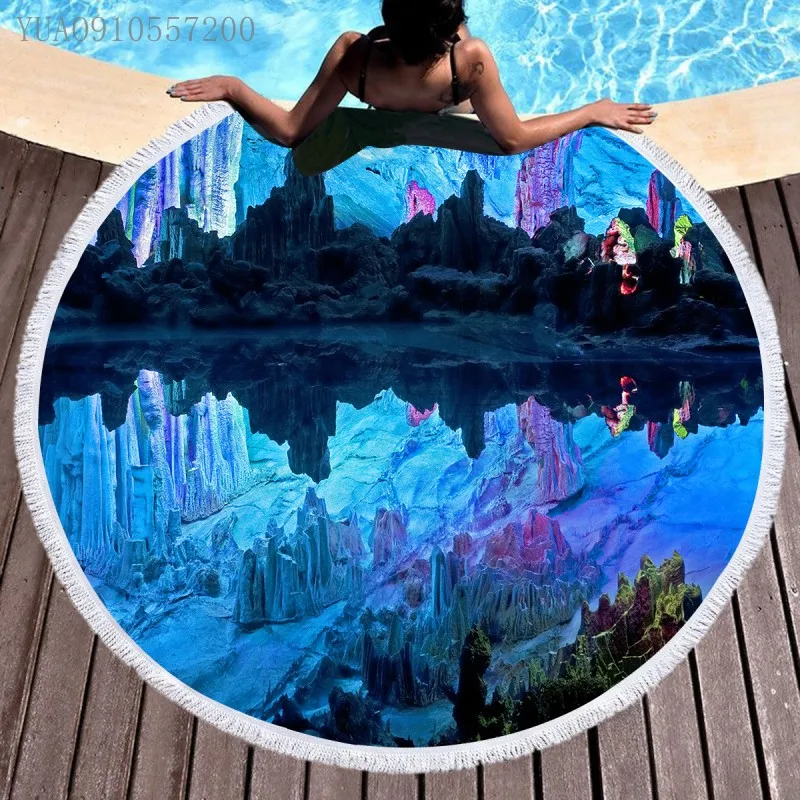 

Summer Blue Beach Towel Miniature Landscape Printed Toalha de praia Diameter 150cm Travel Camping Vacation Round Beach Towel