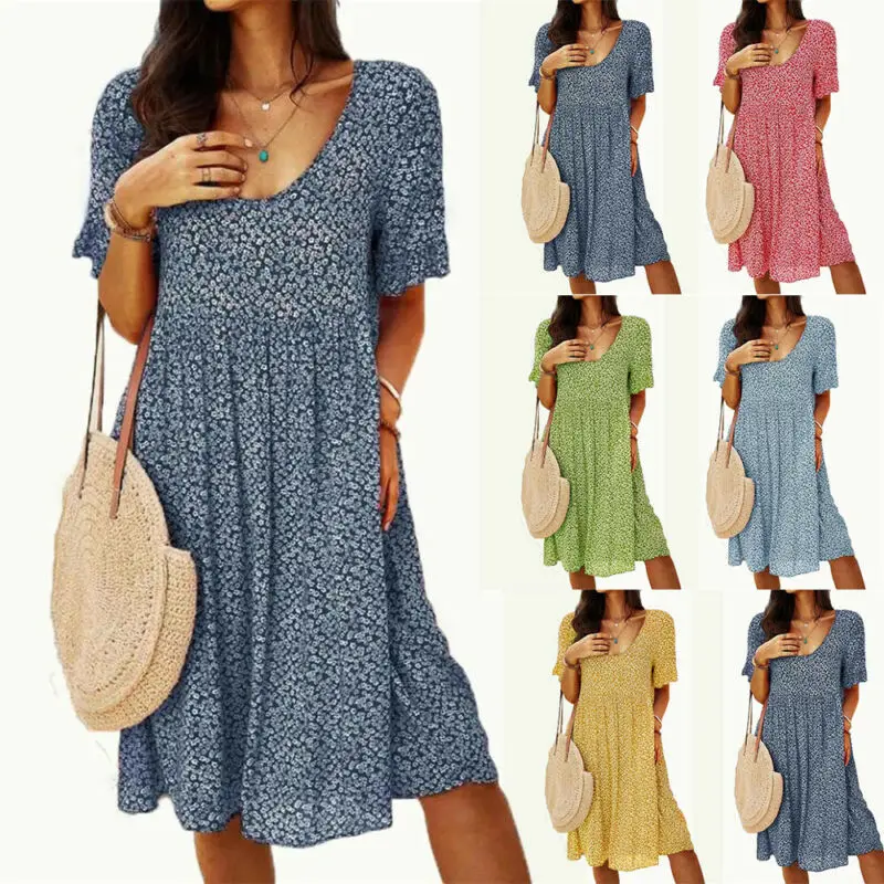 

Women Dresses Floral Printing Summer Keen-length Dress Round Neck Short Sleeve Loose Casual Fashion New Ladies 2021 Dress