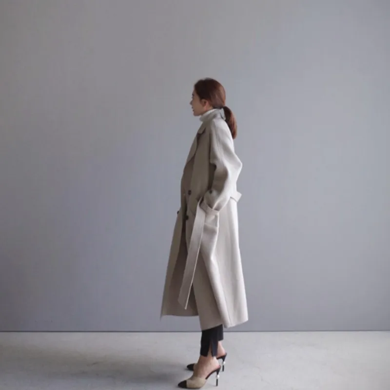 Elegant Streetwear Woolen Coat Women Autumn Winter Sashes Double Breasted Loose Overcoat Fashion Beige Warm Long Outwear S-XL | Женская