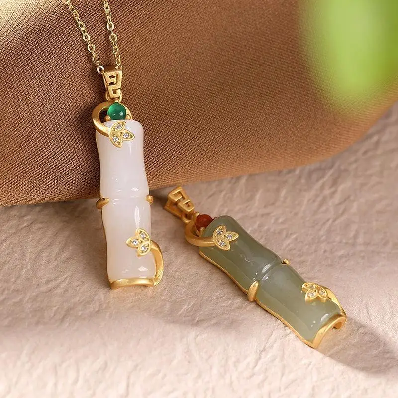 

Bamboo Joint Pendant Necklace S925 Sterling Silver Gold-Plated Natural Hetian Jade Personality Retro Temperament Female Pendant