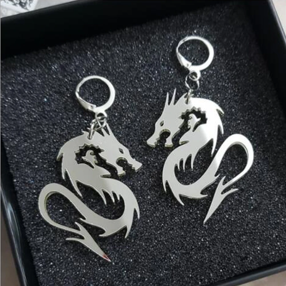 

Fashion Cool Shiny Mirror Dragon Totem Flame Acrylic Drop Earrings Night Club Party Unisex Dangle Earrings Streetwear Jewelry