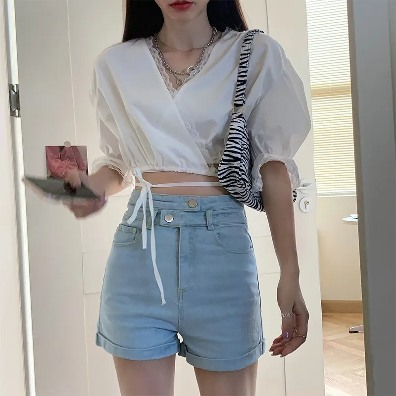 

Women Summer New Fashion Solid Color Skinny Denim Female Korean Style Casual Cool Slim Fit High Waist Hot Black Blue Jean Shorts