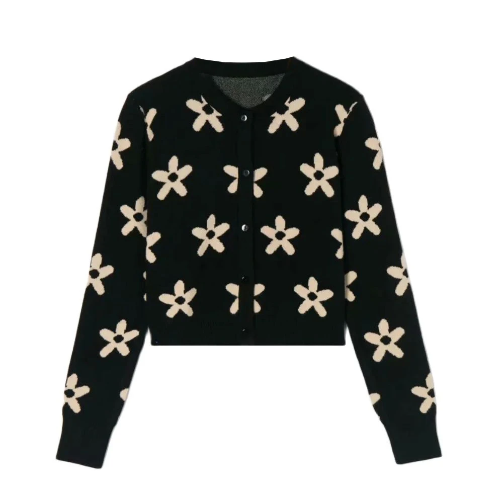 

Короткий вязаный кардиган женский, корейский стиль, с длинным рукавом, на пуговицах, с цветочным принтом, с круглым вырезом