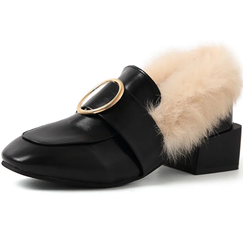Зимняя женская обувь на квадратном каблуке Меховые Туфли-лодочки с натуральным