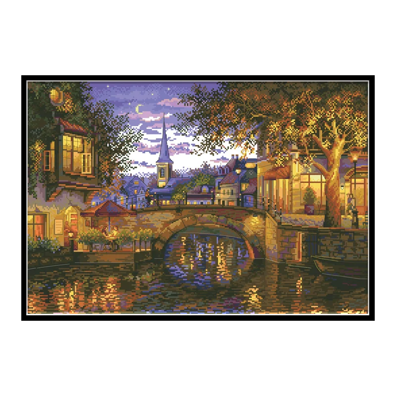 

City in Midnight Stamped Cross Stitch Patterns Embroidery Kits Printed Fabric 11CT 14CT DIY Needlework Sets Home Decor Paintings
