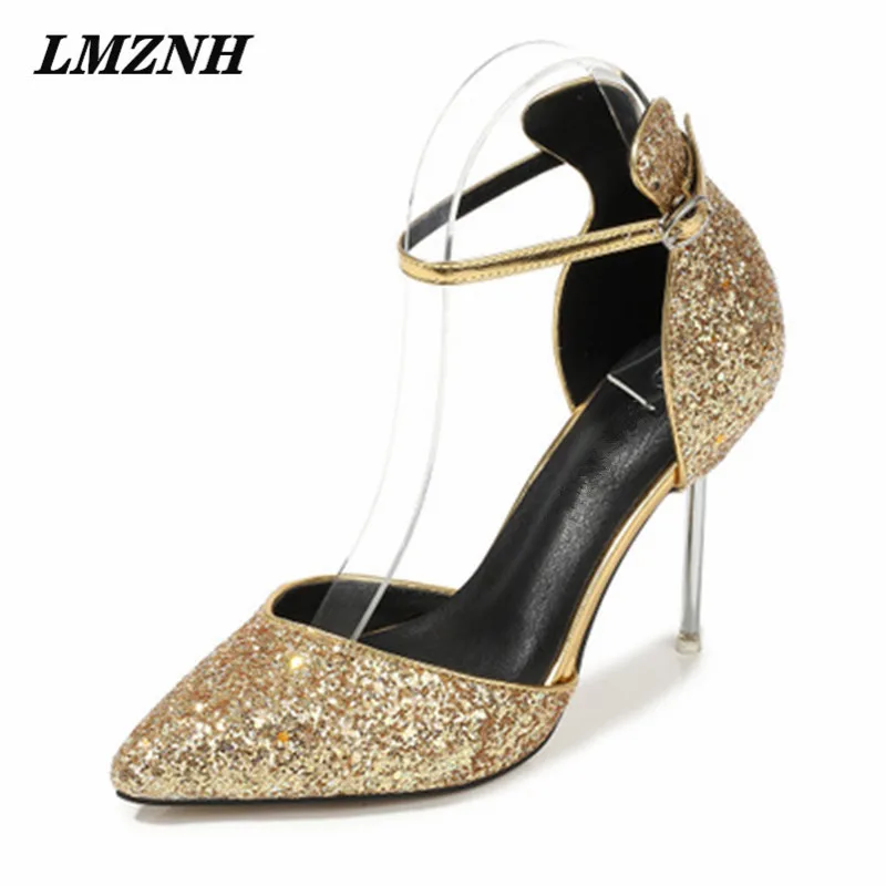 

LMZNH Summer Mature Women's High Heels Pointed Sequined Cloth Buckle Strap Solid Women Stiletto Cool Party Nightclub Pumps