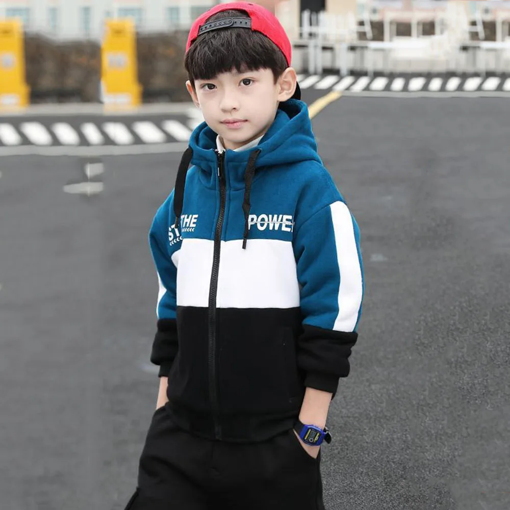 

Winter Cotton Jacket For Boy New 2021 Korean Version Plus Velvet Hooded Coat Handsome Casual Patchwork Children's Clothing