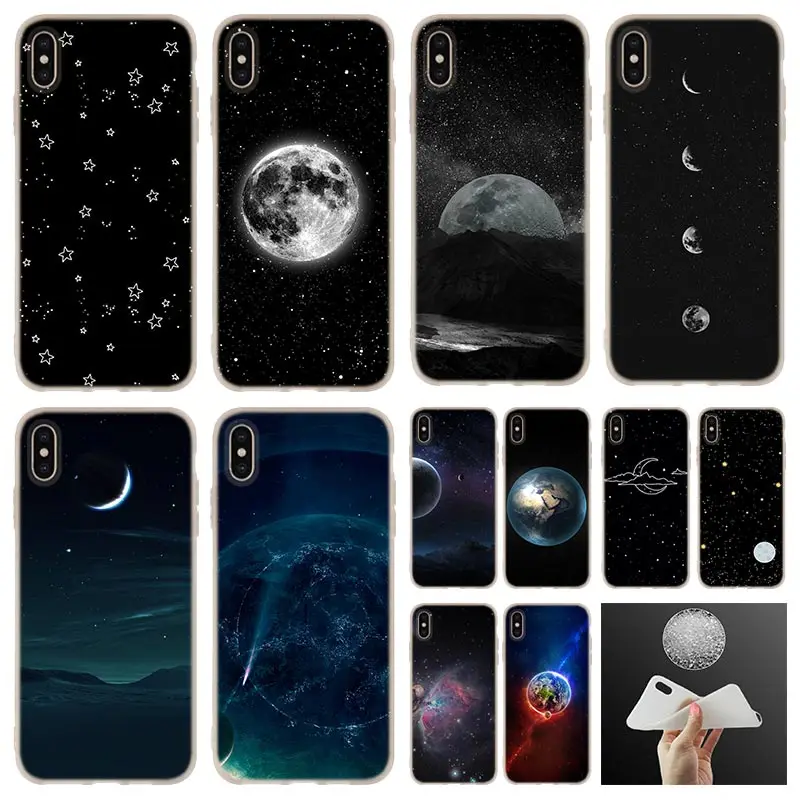 Мягкий чехол для iPhone 12 11 Pro 7 8 6 6s Plus XR XS Max Обложка Mini 5 5S SE 2020 Etui черный с белой луной