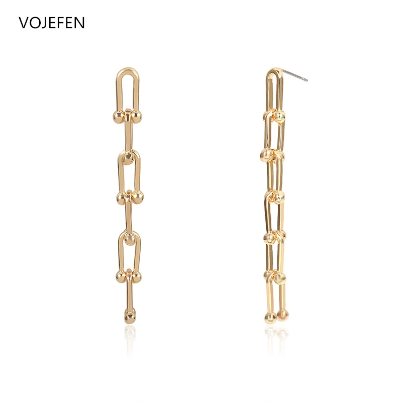 

VOJEFEN 18k Yellow Gold Ball U Shape Earing Link Chain Chunky Earrings Horseshoe Link Chain Jewelry Drop Dangle Earrings