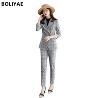 boliyae elegant plaid female trouser suit autumn winter long sleeves blazer and pants set woman 2 pieces office jacket chic tops