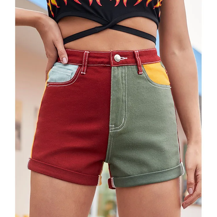 New Fashion Women Patchwork Shorts Casual Trendy Roll Up Cuffed Short Stretchy Cotton Trousers Shorts Thailand Holiday Athletic heather knit embroidered rose patch cuffed shorts