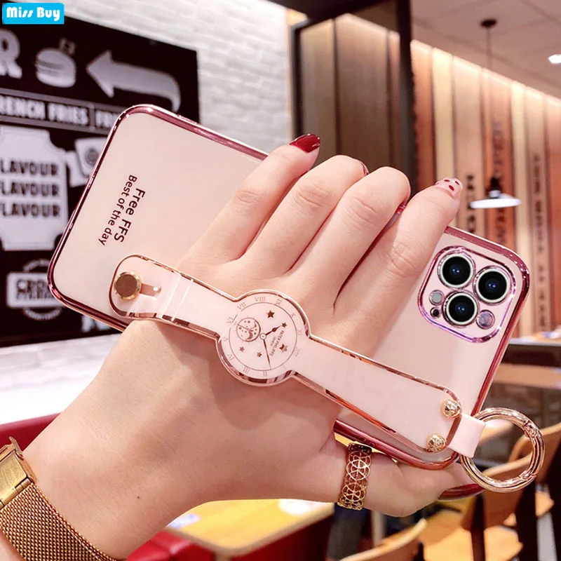 

Pure Color Electroplating Wristband Lanyard Phone Case For Xiaomi Redmi Note 9 10 Pro 5G Mi 11 Lite 10s 9A Mix 4 Civi Soft Cover