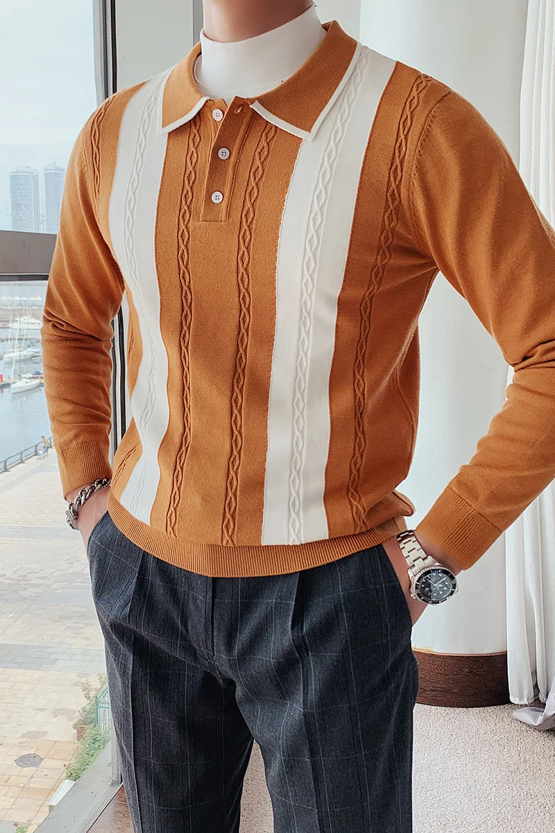 

Fall Winter Men's Casual Men's Sweater Lapel Long-sleeved POLO Collar Knitted Pullovers Contrast Color Bottoming Knitwear Tops