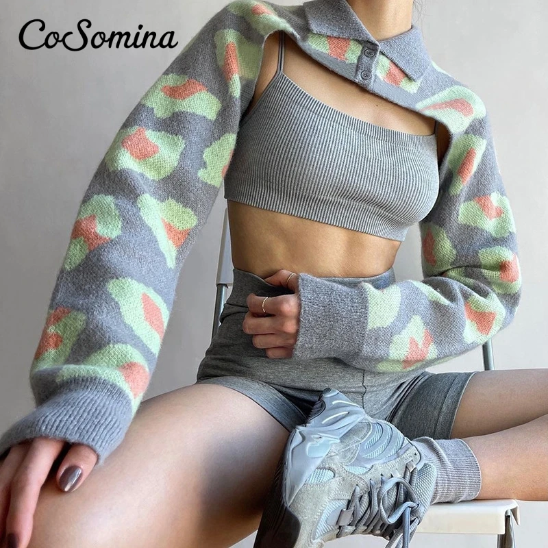 CoSomina Fashion Printed Knitted Cardigan Women's Autumn 2021 New Lapel Double Button Long Sleeve Irregular Short Sweater