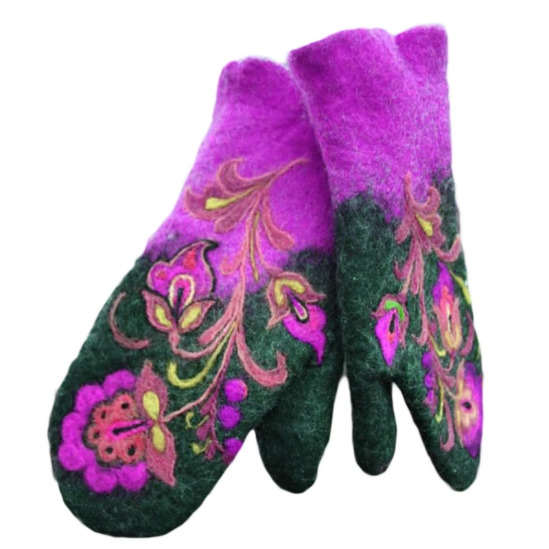 

Women Winter Faux Cashmere Warm Full Finger Gloves Floral Embroidery Mittens