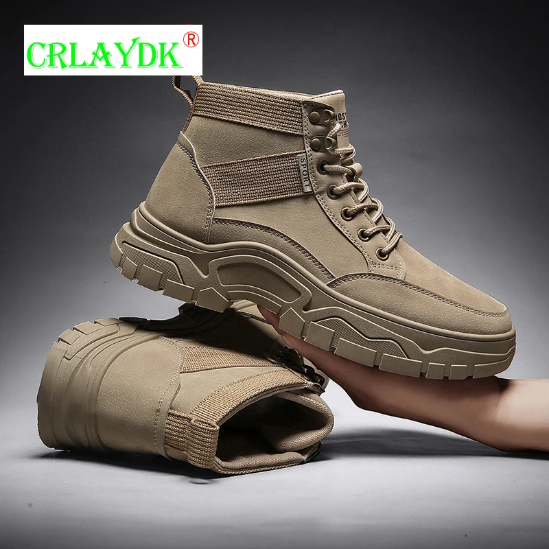 

CRLAYDK Men Fashion Leather Ankle Suede Bootie Casual Lace Up Short Combat Work Boots Outdoor Walking Thick Sole Hiking Shoes