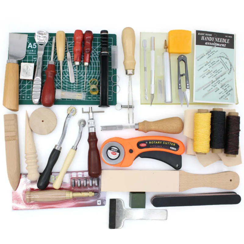 

Leather Tools Craft Kit Hand Tools for Hand Sewing Stitching, Stamping Set and Saddle Making Awl Edge Creaser Canvas 49 Pcs
