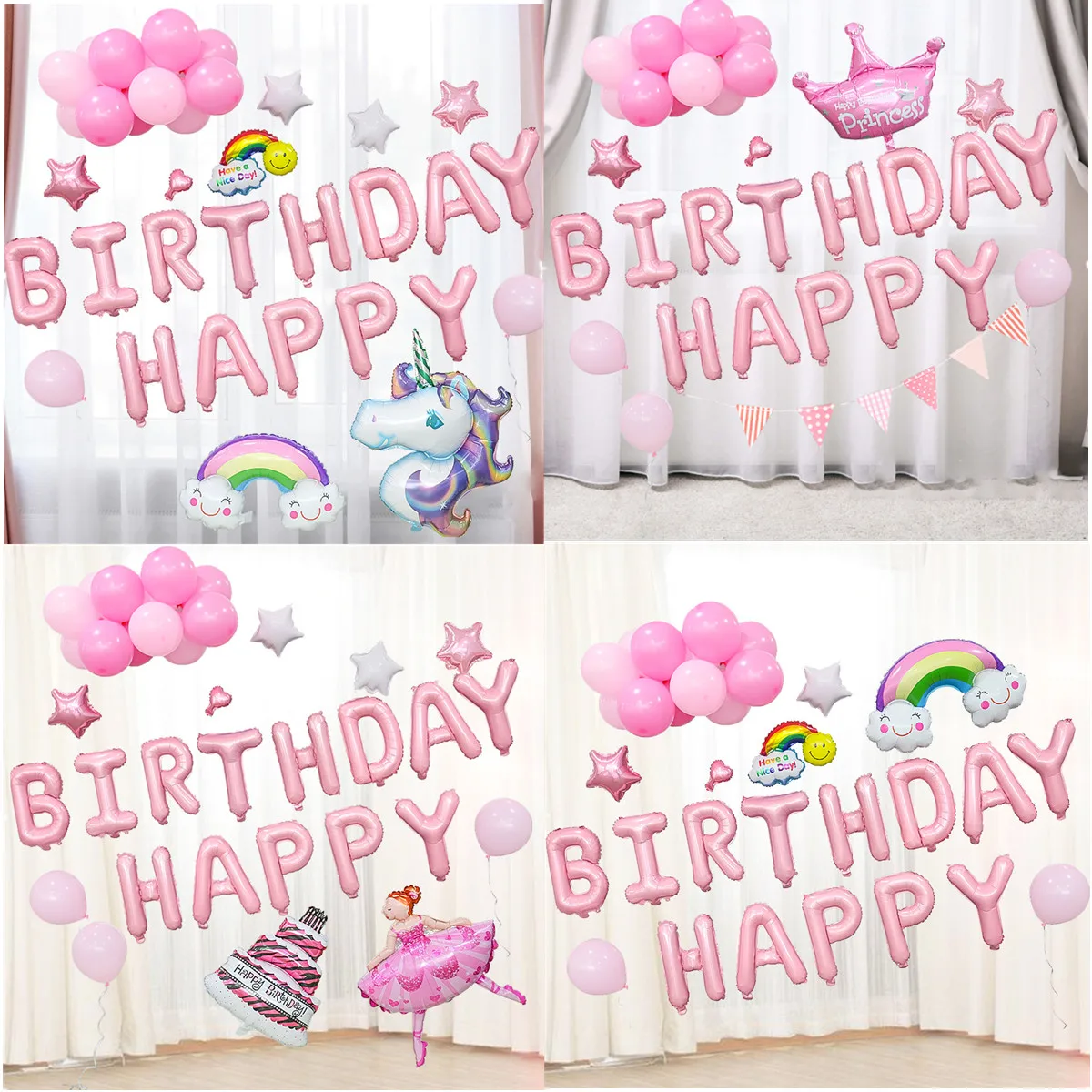 

1 Набор розовых тематических украшений на день рождения для девочек, мультяшный единорог, радуга, корона, фольгированные воздушные шары, тов...