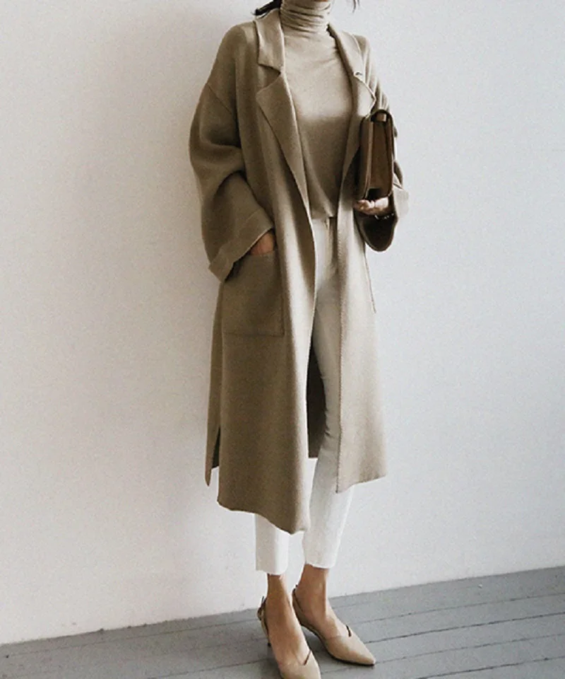 Женские длинные пальто в Корейском стиле свободные с отложным воротником и