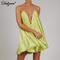 dulzura 2021 summer women crystal diamond strap a line satin mini dress v neck backless lace up loose casual streetwear party