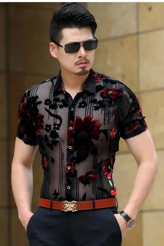 

Men Club Party 2019 New DJ Prom Shirt Short Sleeve Chemise Homme Transparent Flower Velvet Shirt Men See Through Lace Shirt