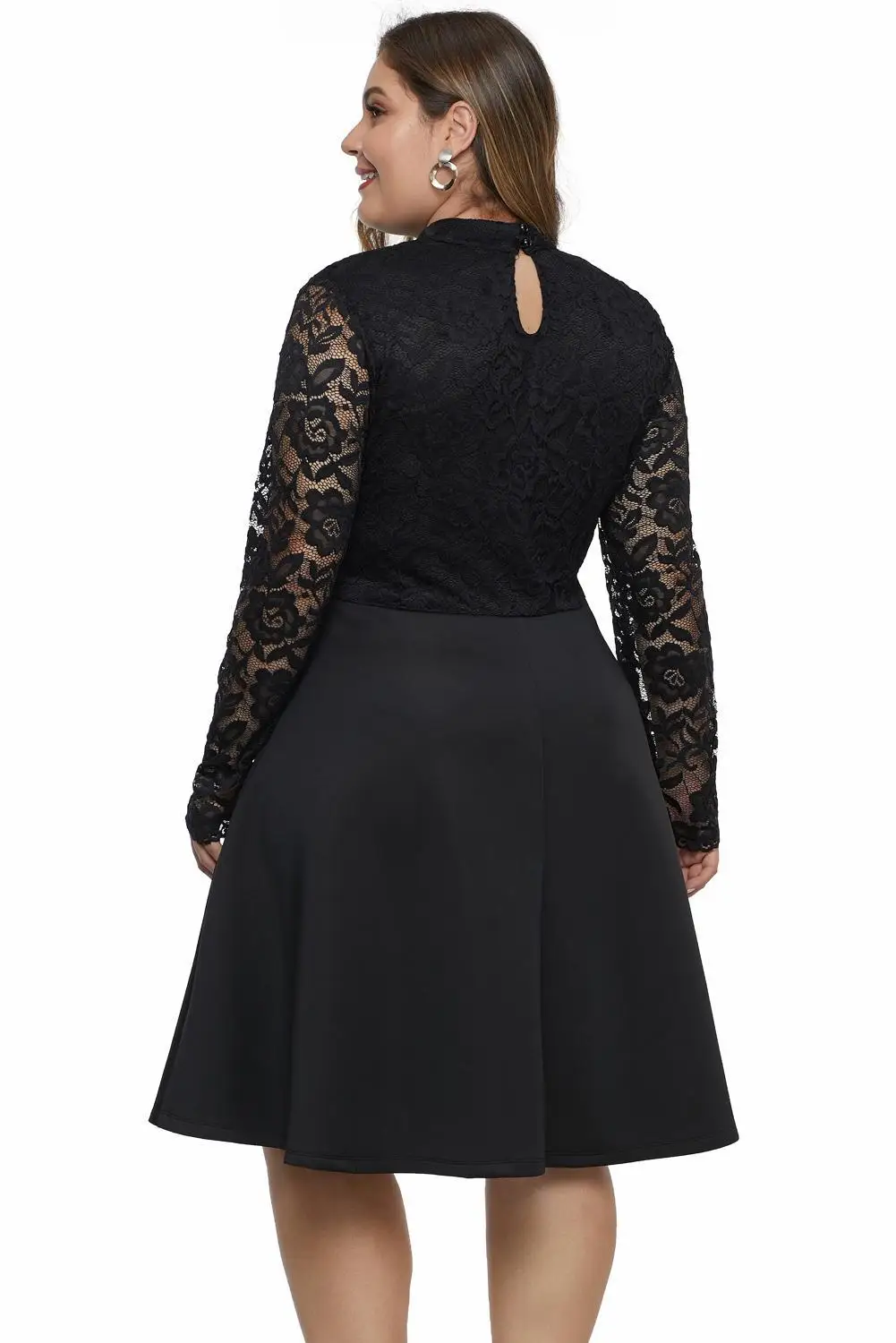 Черное Кружевное Бюстье с вырезом под ключ женское платье высоким воротником