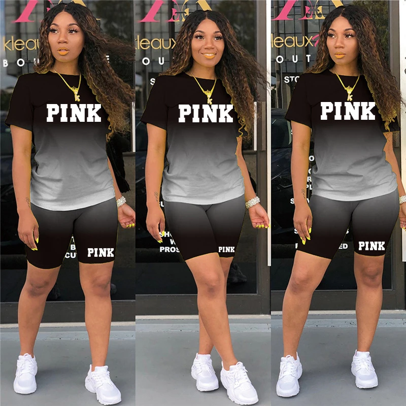 

Two Pieces Sets Women Tracksuits Gradient Short Sleeve Pullover Tops + Jogger Shorts Suit Sporty Fitness Outfit 2021 Summer