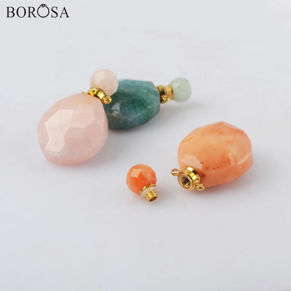 

Healing Crystal Perfume Bottle Diffuser Necklace Jewelry, Gold Color Faceted Rose Green Quartz Amazonite Perfume Bottle WX1837
