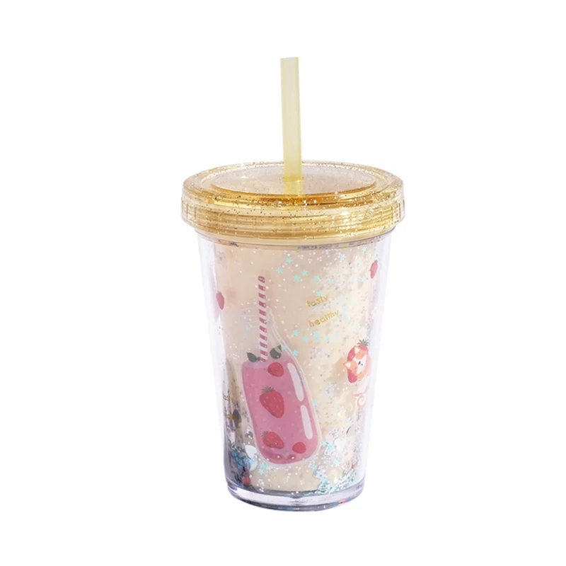 Straw Cup Plastic Food Grade Material with Glitter Powder Decorative Cute Durable Portable Double Wall Water Bottle | Дом и сад