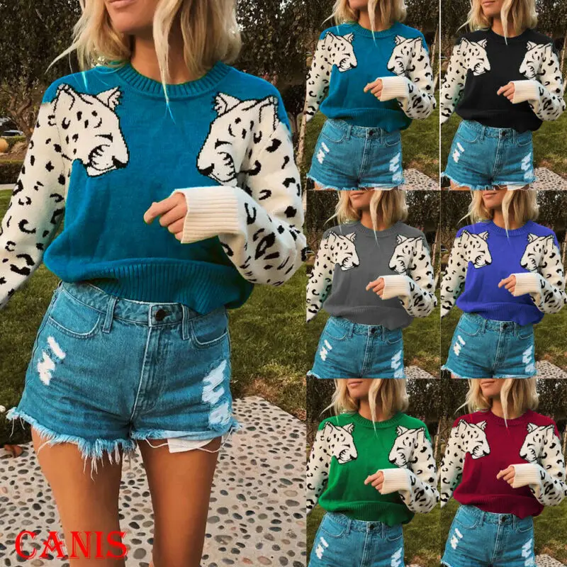 Tiger Print Long Sleeve Womens Knitted Sweater Tops Ladies Casual O-Neck Crochet 2019 Autumn Winter Knit Loose Jumper Pullover | Женская