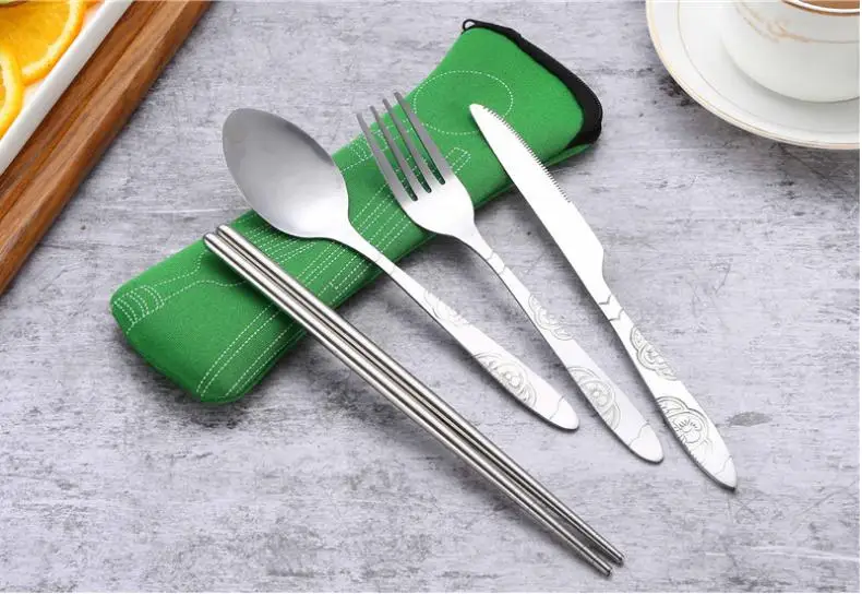Murah 4Pcs Reusable Sendok Garpu Set Perjalanan Kotak Makan Siang Peralatan Pisau Garpu Sendok Sumpit Set Berkemah Dengan Kasus Neoprene SN2111