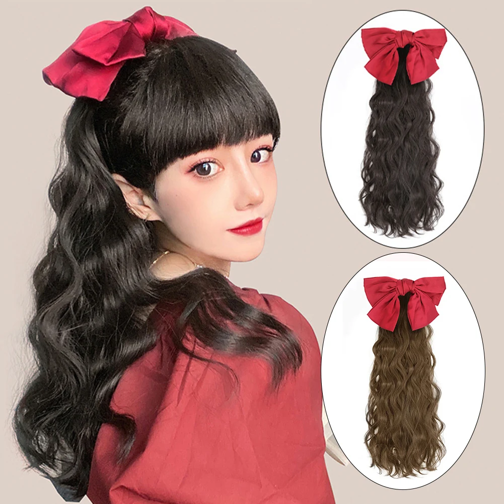 

15" Long Curly Pony Tail Hair Extensions with Bowknot Wavy Hair Piece for Women High temperature fiber curly ponytail wig