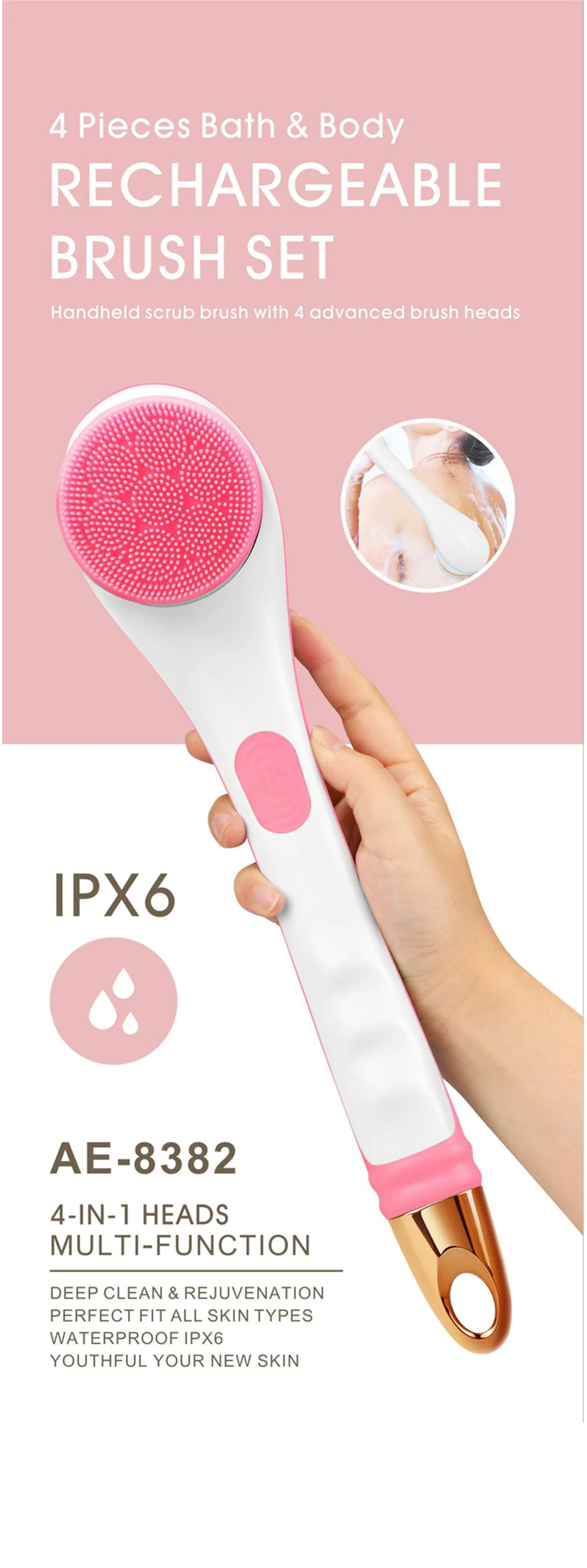 

Personal Care Shower Body Back Cleaning Tool Set Silicone Long Handle Sponges Electric Body Scrubs Massage Bath Brushes