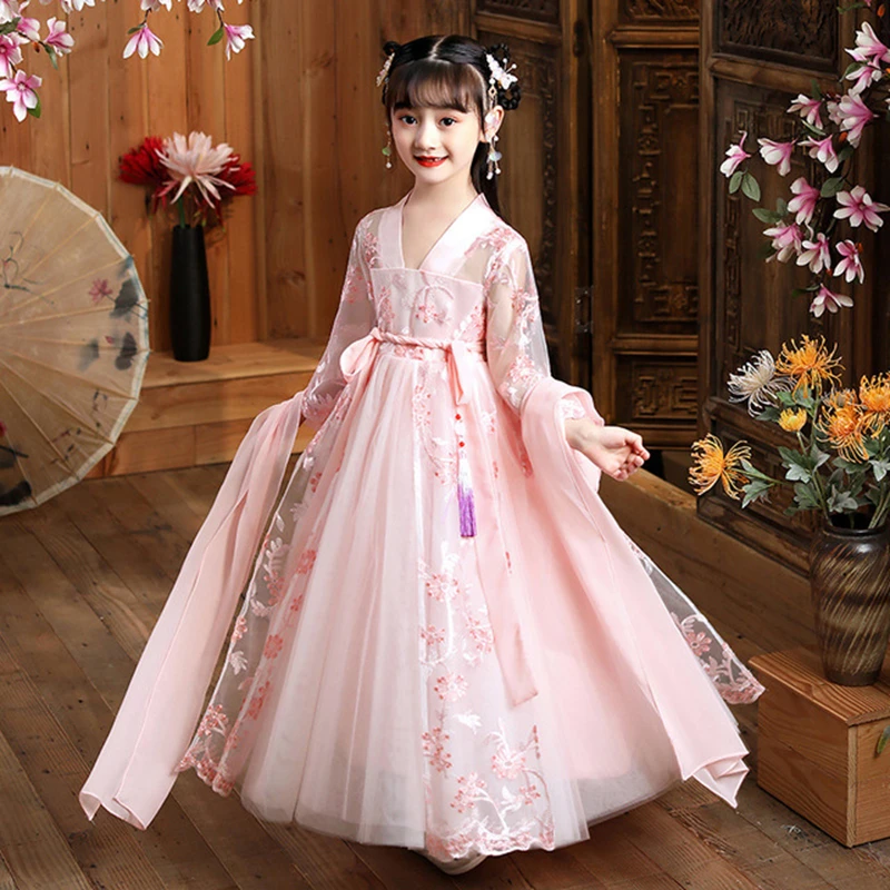 

2021 New Girls' Hanfu Little Girl Skirt Fairy Children's Princess Dress Chinese Style Spring/Summer Wear for Ages 6-12