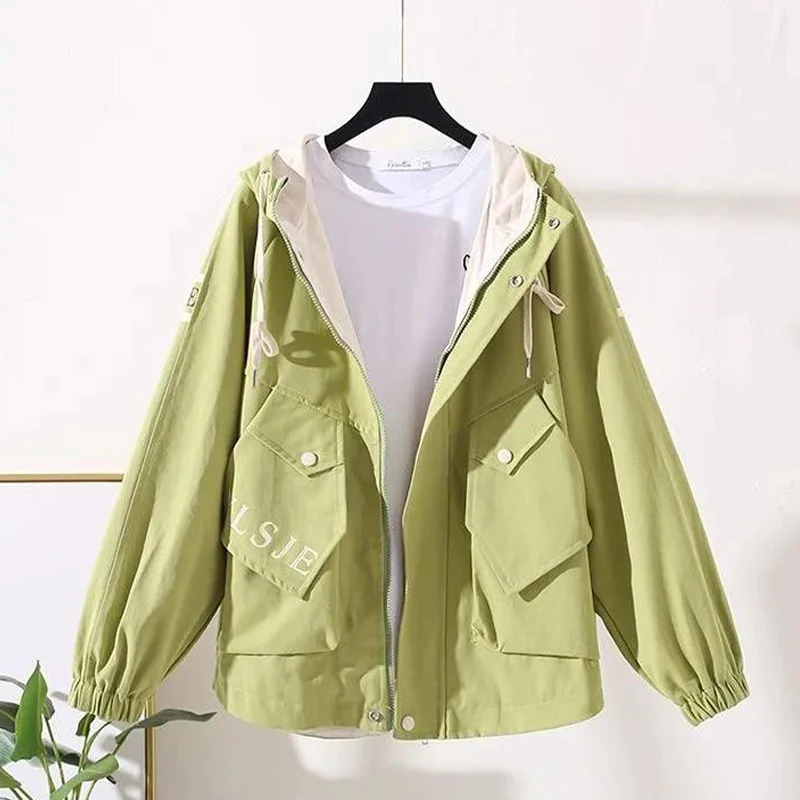 

2021 all-match tooling jacket female spring and autumn casual loose fashion hooded collar long sleeve jacket