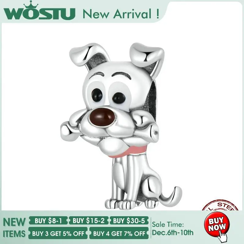 

WOSTU 100% 925 Sterling Silver Cartoon Cute Dog With Bone Original Beads Fit For Bracelet Quality Jewelry Gift For Women FIC2121