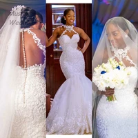 country african mermaid wedding dress long train elegant beaded lace boho wedding dress 2020 illusion button back bridal gowns