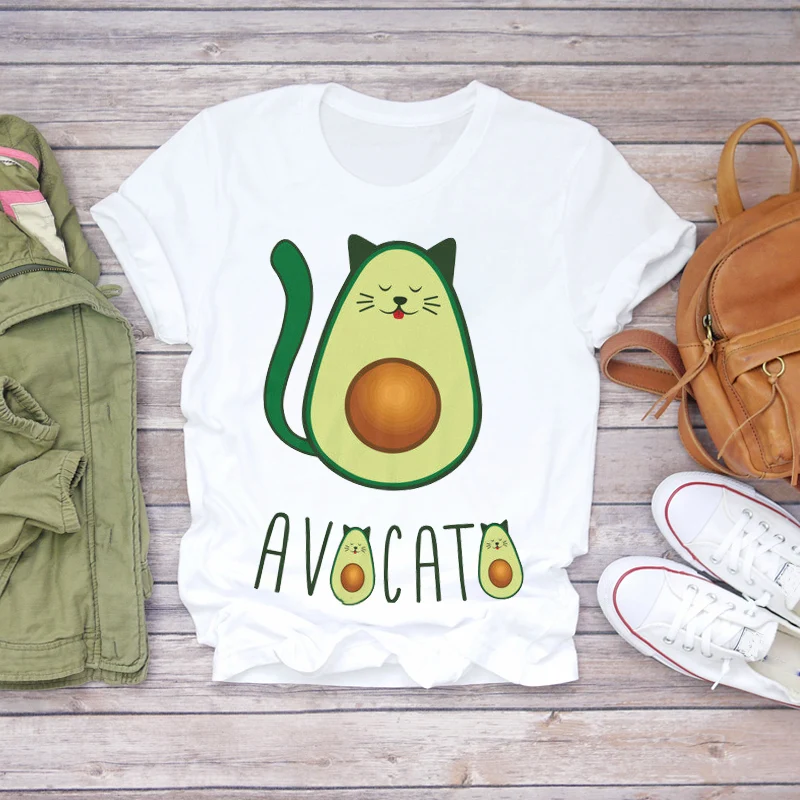 

2021 Avocado Fruit Summer Fashion Cat Print Mother Lady T-shirts Top Womens Graphic Female Street student loose short sleeve Tee