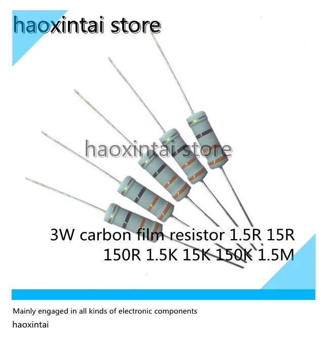 

100PCS 3W carbon film resistor four-color ring 1.5R 15R 150R 1.5K 15K 150K 1.5M Europe precision 5%