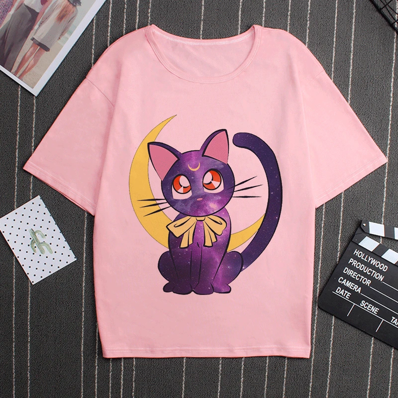 2863 Sailor Moon 90s Funny Pink T Shirt Harajuku Clothes Tshirt Aesthetic Cat Anime Vogue T-shirt Kawaii Graphic Tees Ullzang Women - Цвет: 2863