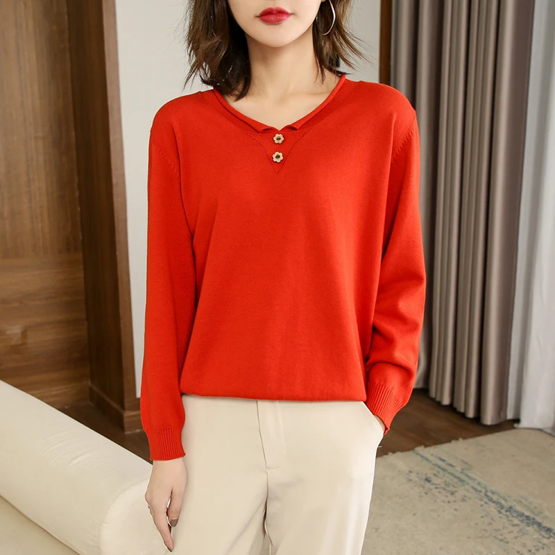 

2021 Autumn Winter New 100% Pure Cotton Knitted Sweater Women Pullover Crimping V-Neck Casual Loose Solid Color All-Match Top