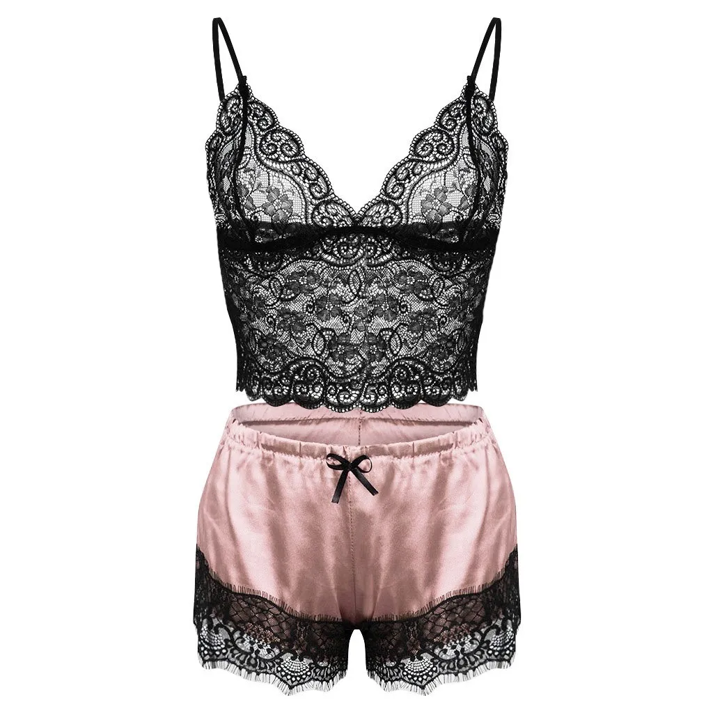 Женский атласный кружевной топ с v-образным вырезом шорты бантиком сексуальное