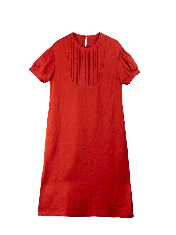 

Red women's loose linen dress ladies plus size O-neck cotton and linen dress women 2021 summer short-sleeved dress robe