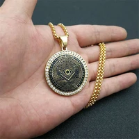 hip hop mens gold color stainless steel necklace iced out cubic zirconia masonic rock pendant bling rapper hiphop jewerly