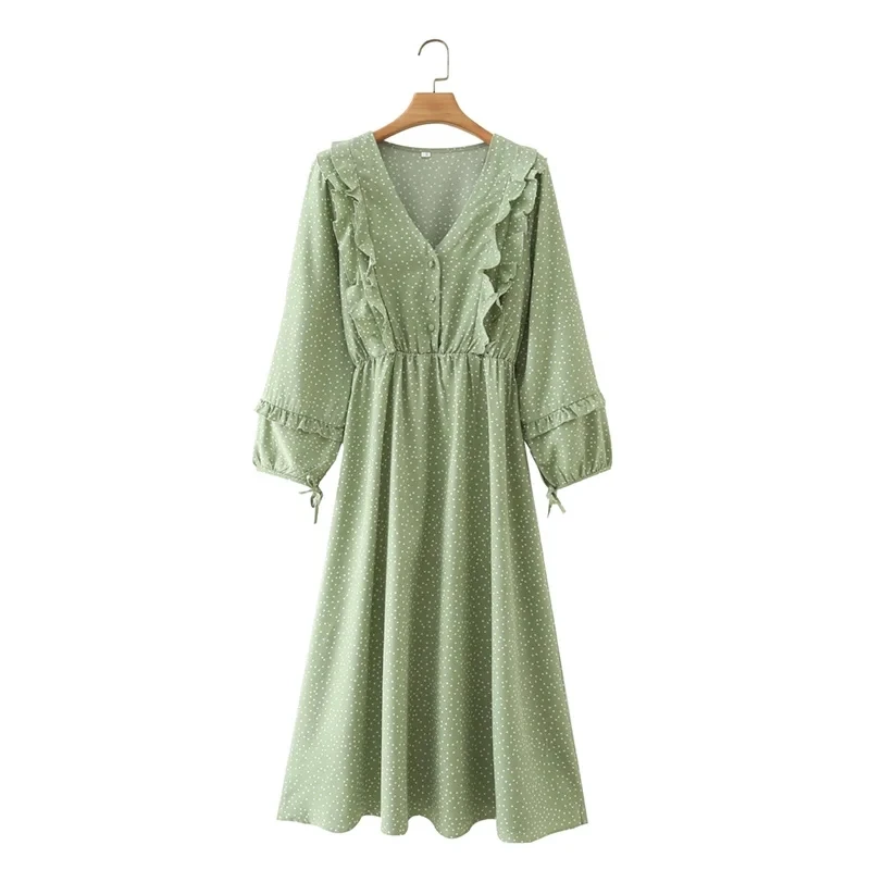 

Hot Sale Women Polka Dot Printing Cascading Ruffle Midi Dress Female Nine Quarter Sleeve Clothes Casual Lady Slim Vestido D8182