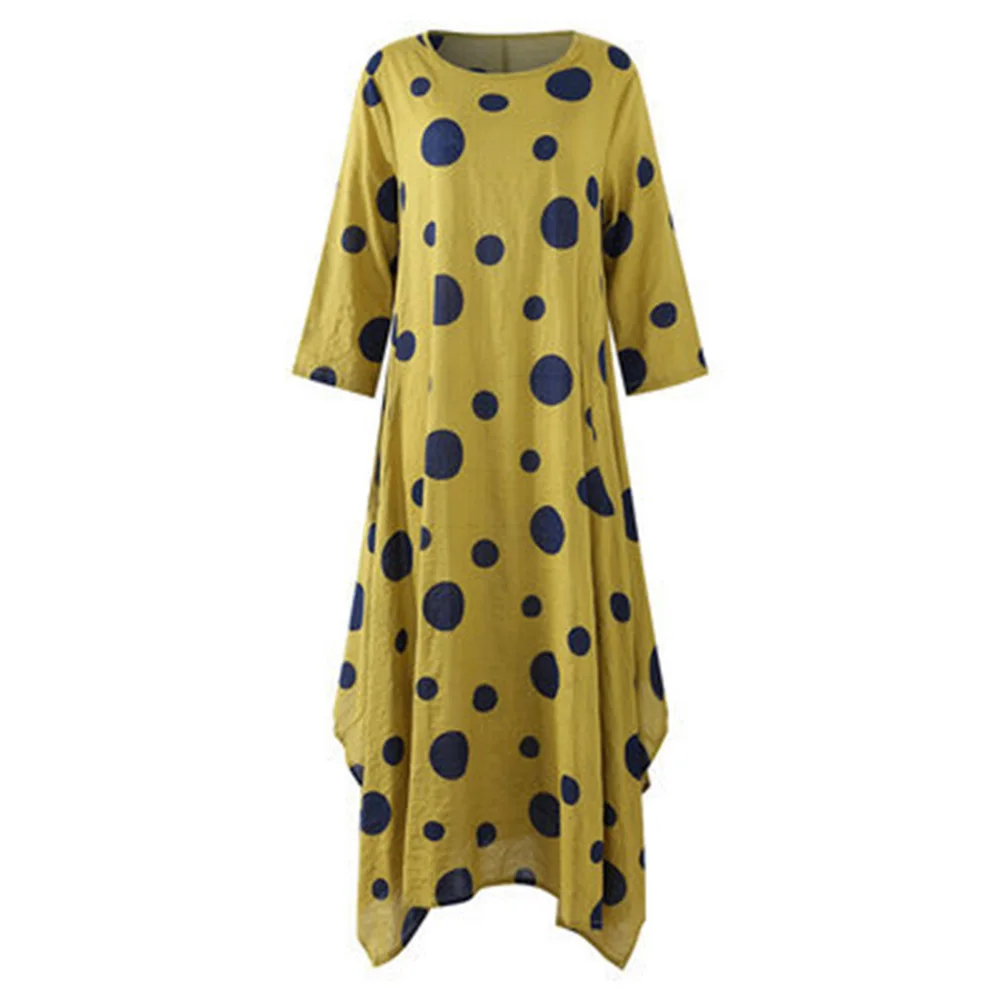 Женское длинное платье в горошек свободное хлопково-льняное Платье макси с