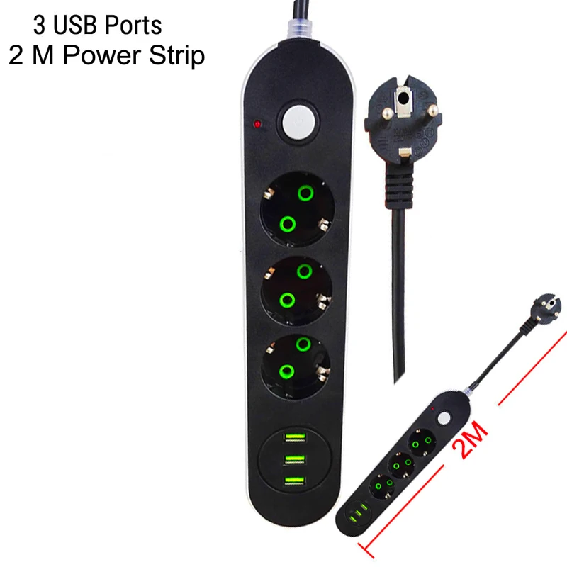 2 round pin eu rus plug power strip switch universal outlets 3 usb electrical extension 1 8m 3m cable network filter for phones free global shipping